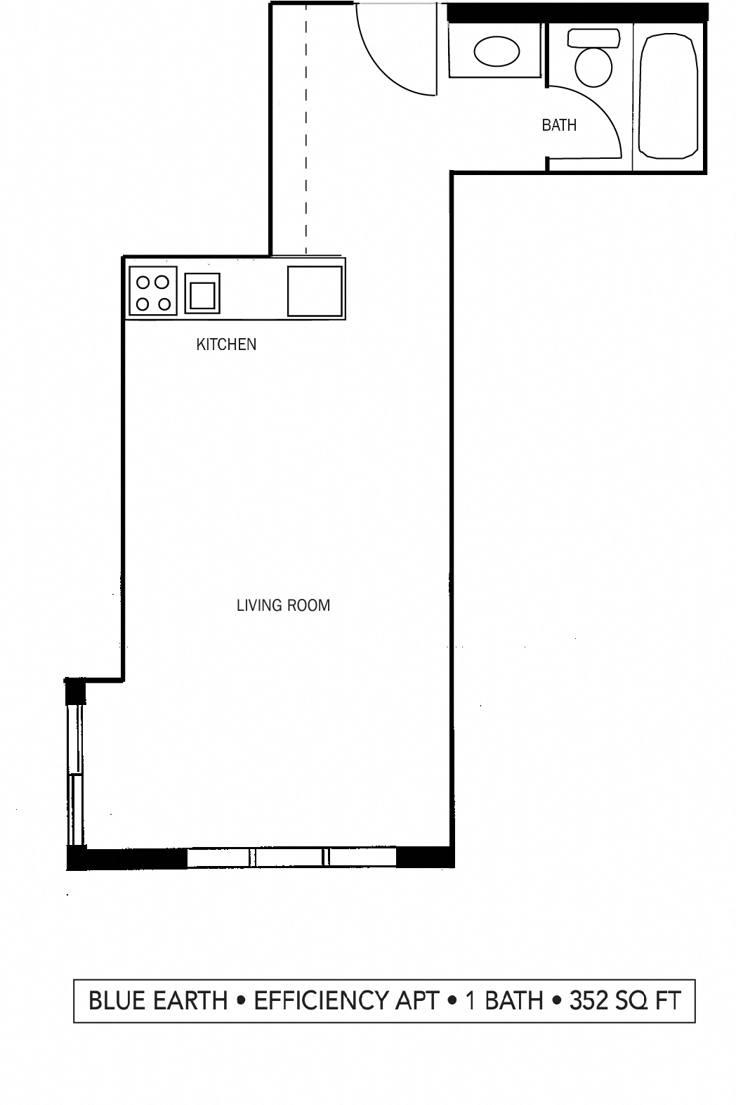 Floor plan for studio, 1 bath, 352 sqft